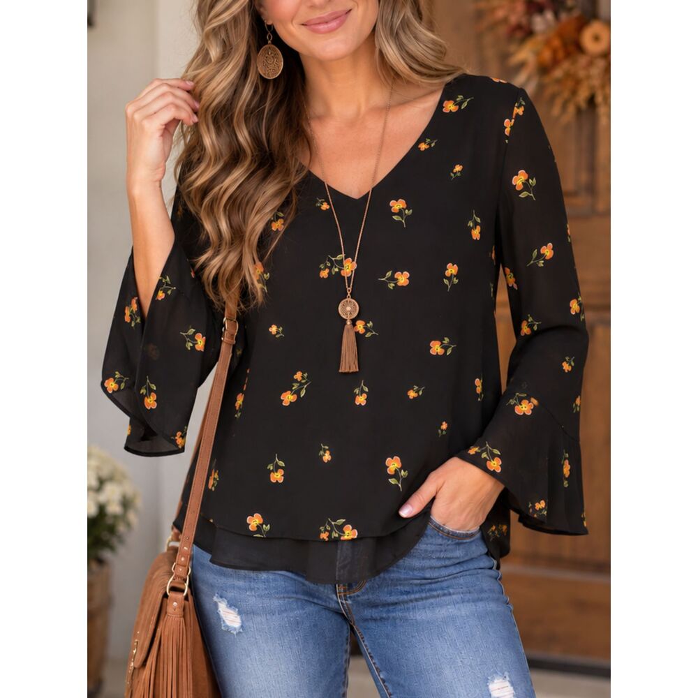 LC Lauren Conrad Black Floral Lace Back Bell Sleeve Blouse Large Boho Romantic